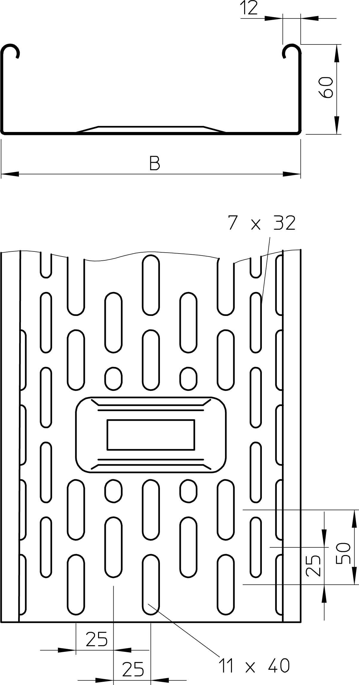 Technische Zeichnung eines Metallteils mit genauen Abmessungen. Oben ist eine Seitenansicht, unten eine Vorderansicht mit detaillierten Maßen.
