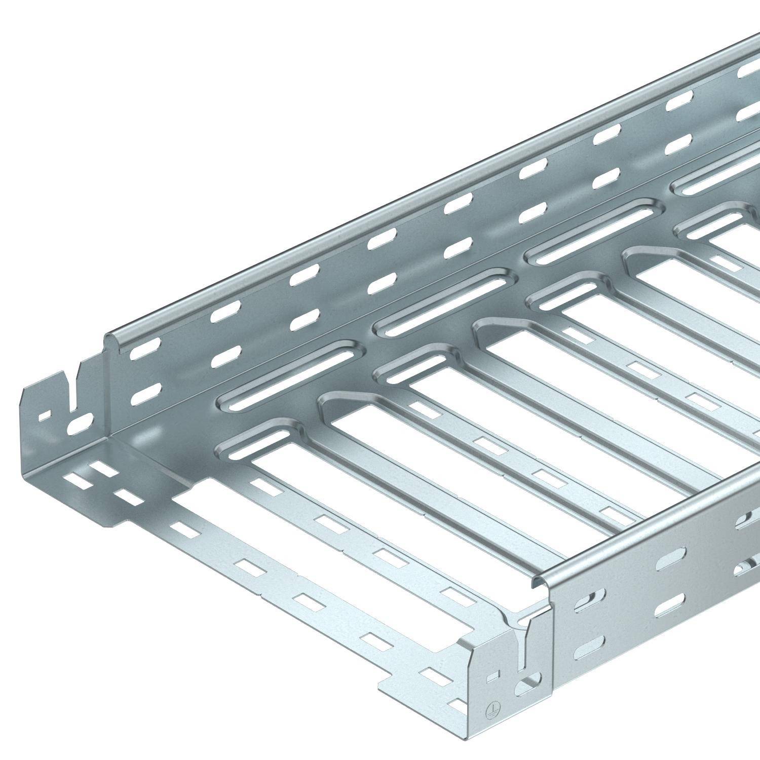 Silbernes Kabelrinnelement aus Metall mit gelochtem Boden, seitlichen Belüftungsschlitzen und modularem Aufbau, geeignet für Kabelmanagement.