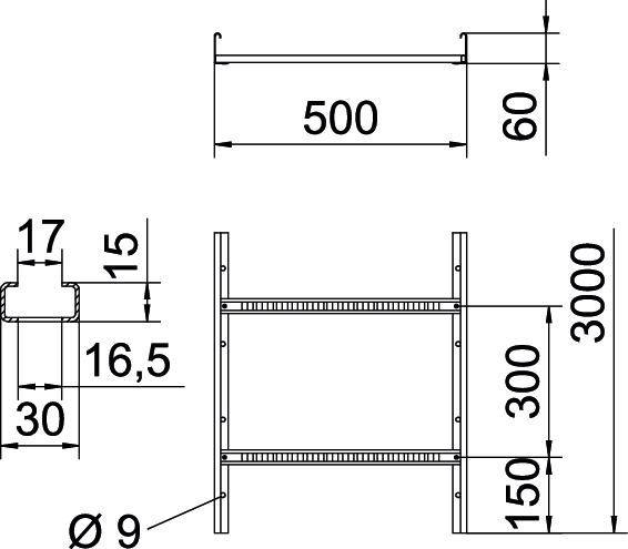 Technische Zeichnung eines Metallregals mit Maßen: Höhe 3000 mm, Breite 500 mm, Tiefe 60 mm. Regale in Abständen von 300 mm.