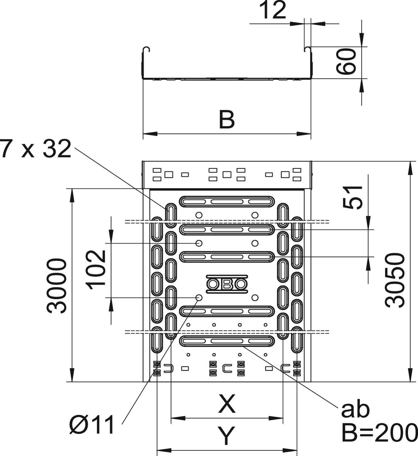 Technische Zeichnung eines Metallprofils mit Bemaßungen und strukturellen Details. Enthält Maße für Höhe, Breite und Lochabstände.