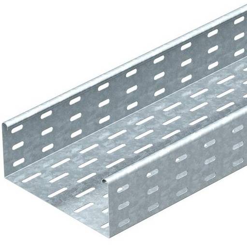 Metallschienenprofil mit rechteckigen Löchern, oft für Kabelführung verwendet. Mattes, silbernes Material, industrielles Design.