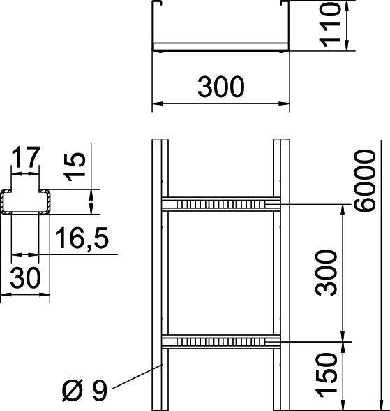 Technische Zeichnung eines Regals mit Maßen: Höhe 6000 mm, Breite 300 mm, Tiefe 110 mm. Fachhöhen 300 mm und 150 mm.