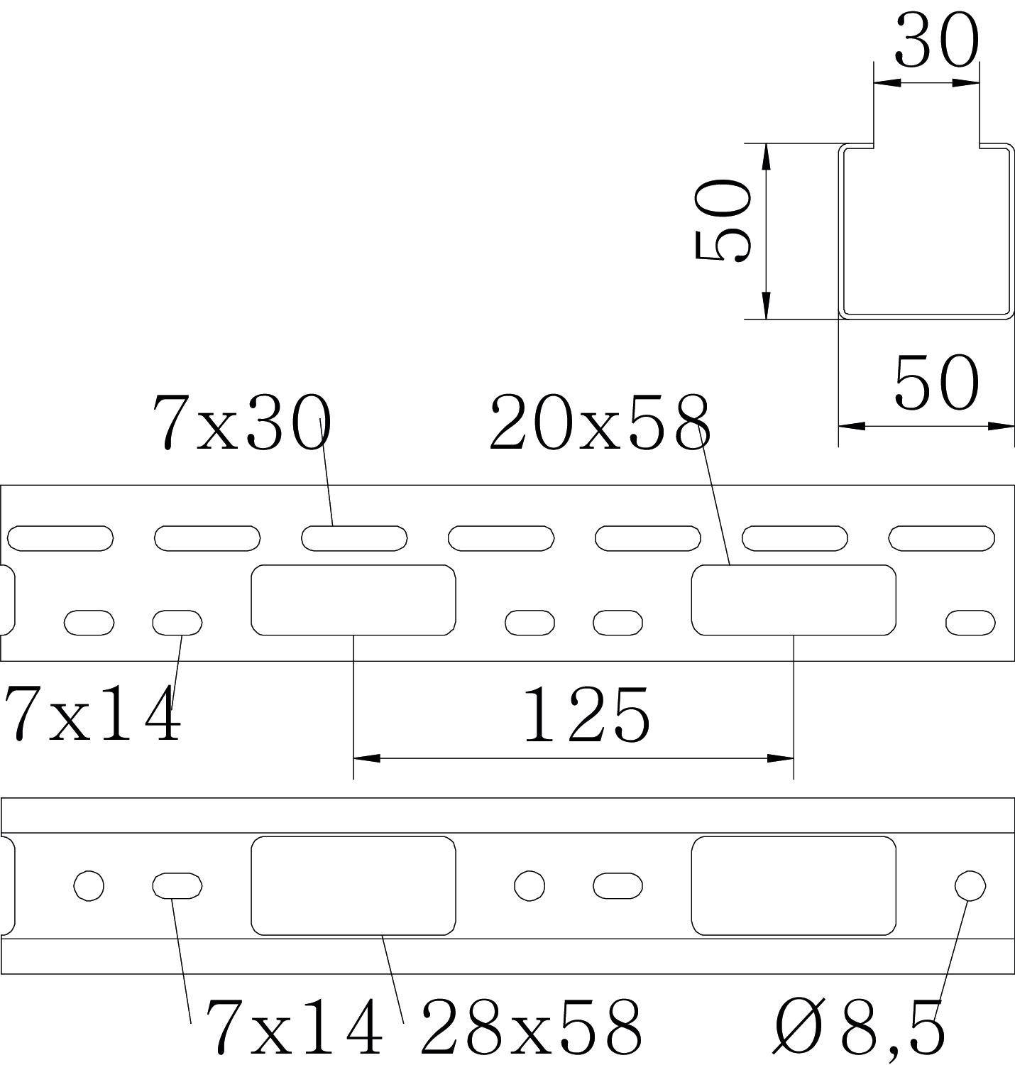 Technische Zeichnung eines Metallprofils mit Abmessungen: 50x50 mm Querschnitt, Löcher 7x30 mm und 7x14 mm, Gesamtlänge 125 mm.
