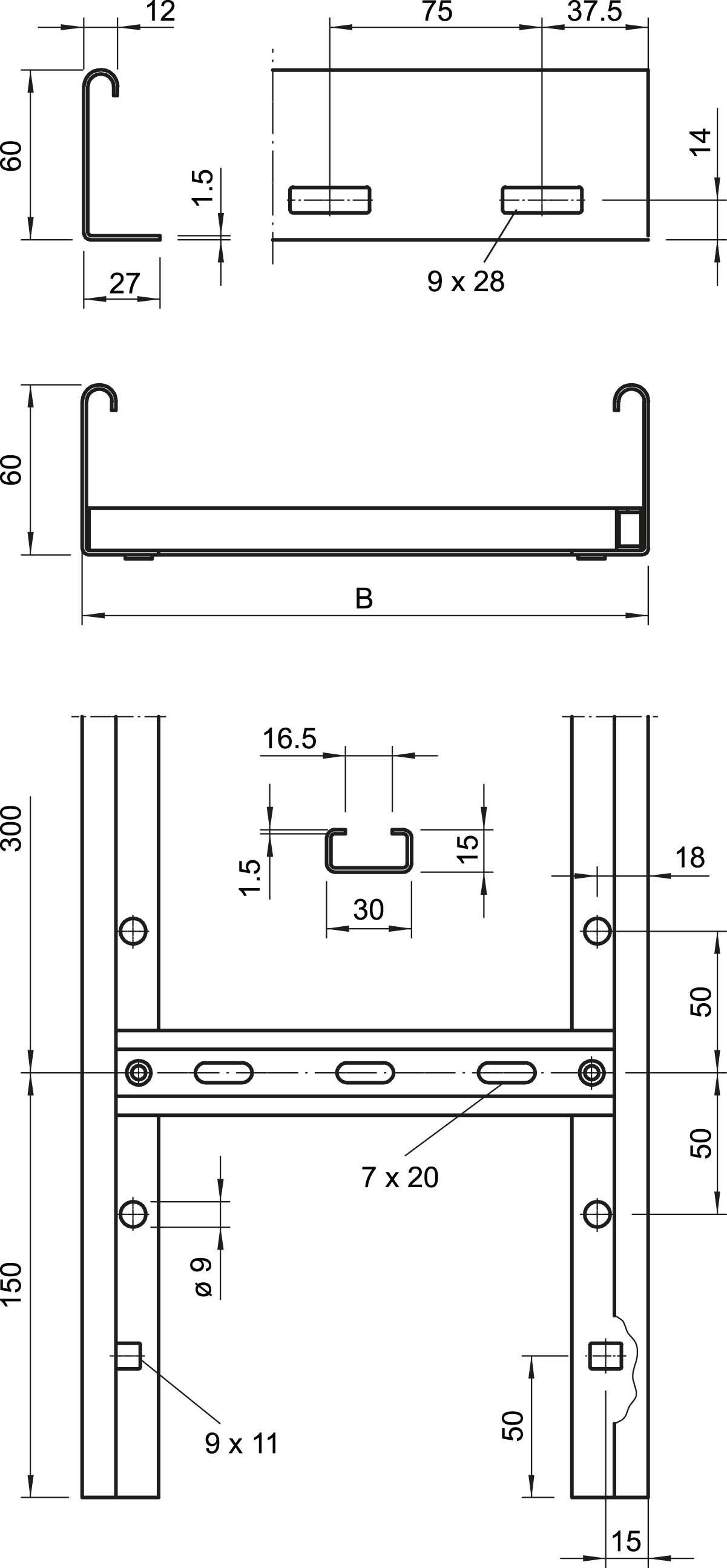 Technische Zeichnung eines Metallregals mit Abmessungen und Lochbohrungsdetails für Montageanleitung. Maße in Millimetern angegeben.