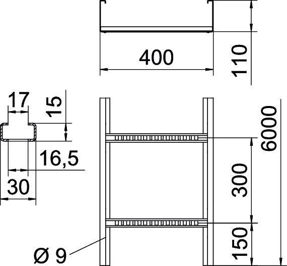 Technische Zeichnung eines Gestells mit den Maßen: Höhe 6000 mm, Breite 400 mm, Tiefe 110 mm. Querschnitt: Durchmesser 9 mm.