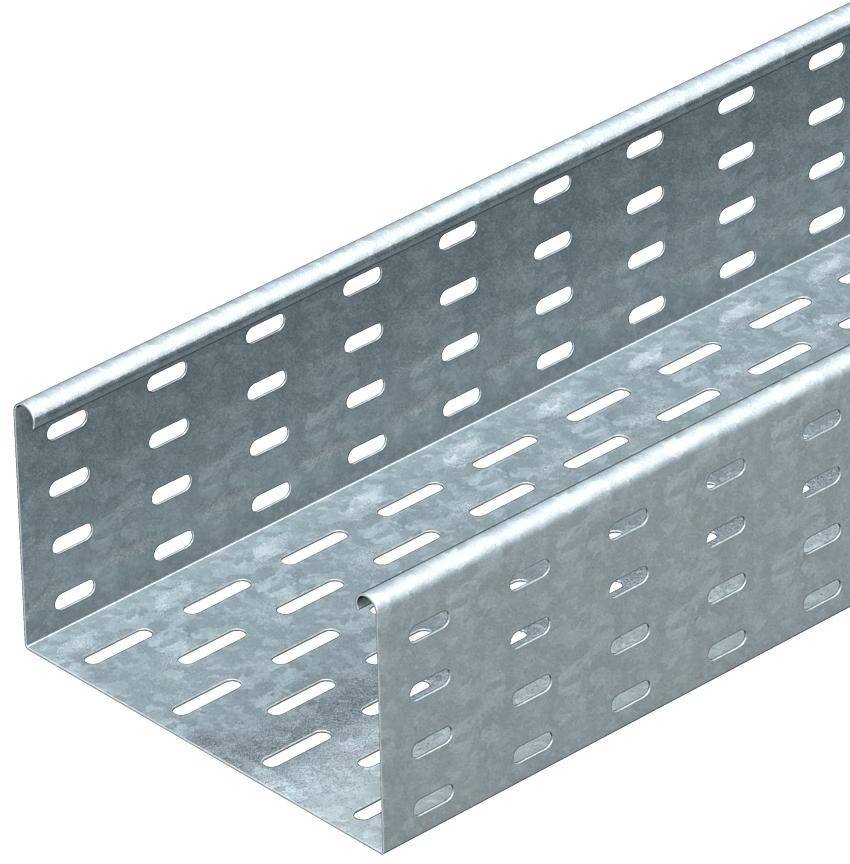 Metallisches Kabelkanalsystem mit rechteckigem Querschnitt und regelmäßigen Lochungen an den Seiten und Boden zur Kabelorganisation.