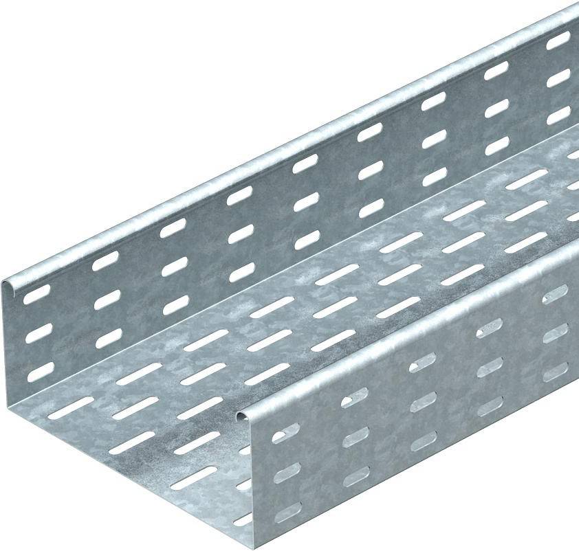 Metallisches Kabelkanalsystem mit rechteckigen Löchern, für die geordnete Führung und den Schutz von Kabeln und Leitungen.