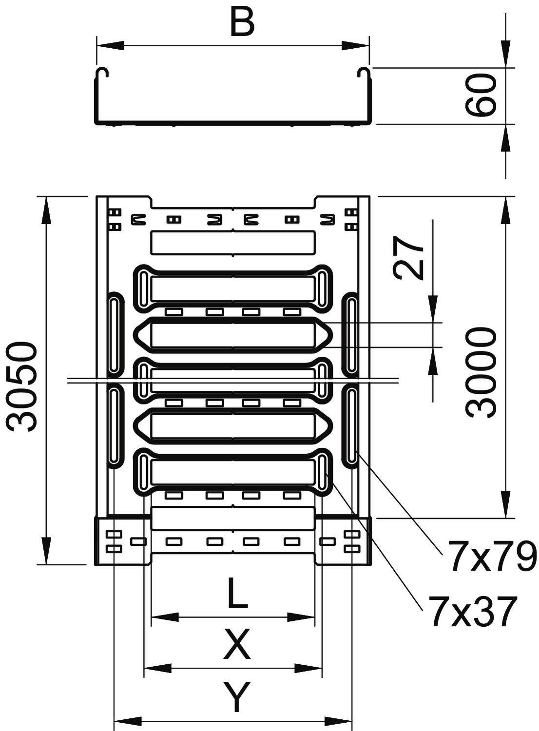 Technische Zeichnung eines Metallprofils mit Maßen: Breite B, Höhe 60. Gesamthöhe 3050, sichtbare Höhe 3000. Weitere Maßangaben: 27, 7x79, 7x37.