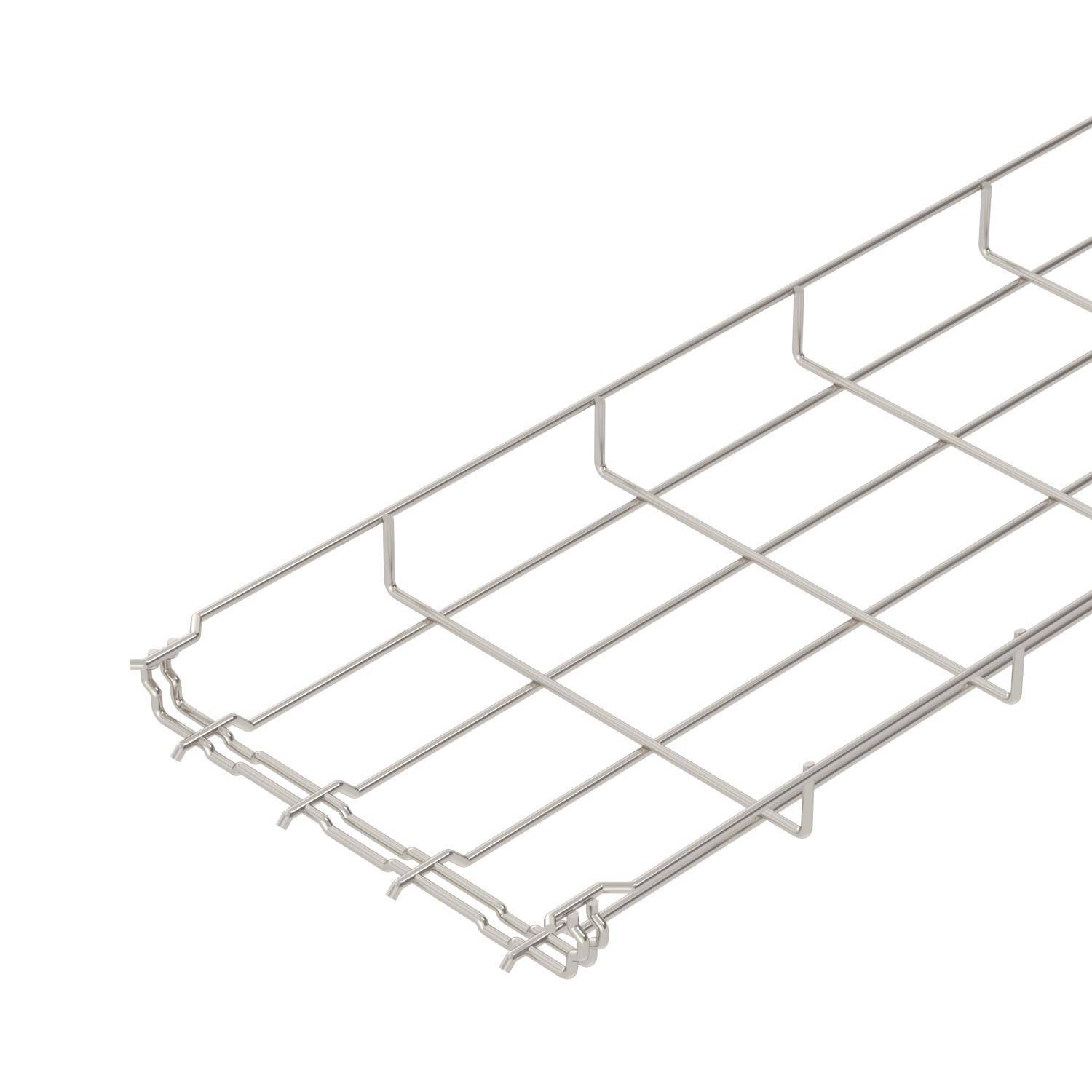Ein silbernes Drahtkabelkanal, rechteckig, zeigt sein Gitterdesign für die ordentliche und sichere Kabelverlegung an Decken oder Wänden.