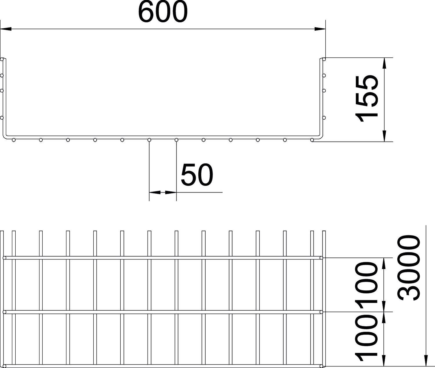 Technische Zeichnung eines Zaunelements: Oben Ansicht mit Maßen 600x155, unten Gitterdesign 100x3000 mit Strängen im Abstand von 100.