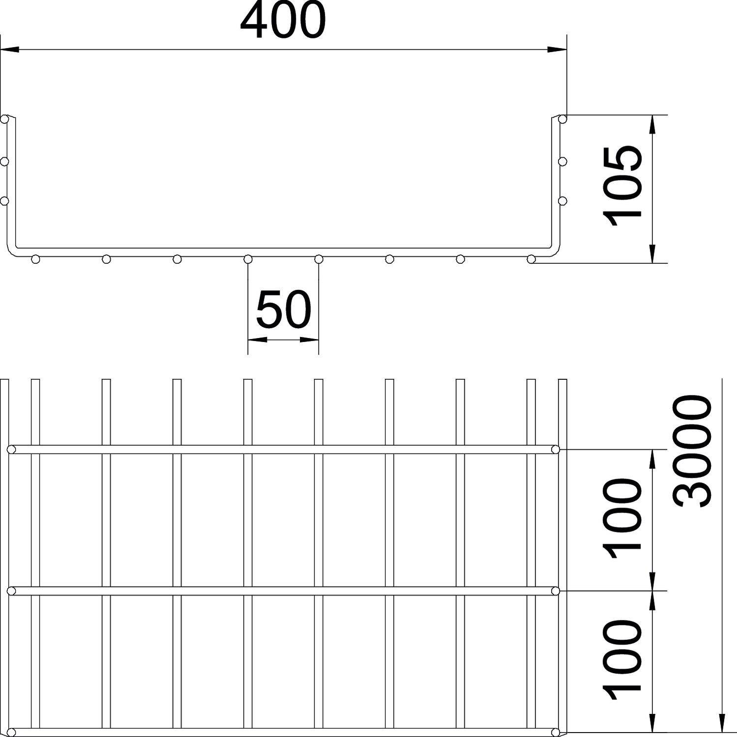 Technische Zeichnung eines Metallträgers mit Maßen: Breite 400 mm, Höhe 105 mm, Wandstärke 50 mm. U-förmiges Profil dargestellt.