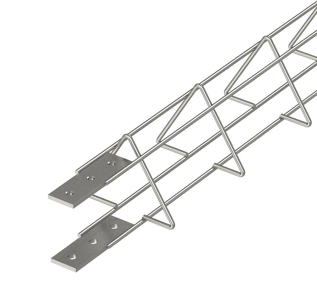 Metallisches Kabelkanalsystem mit Gitterstruktur, perspektivisch von der Seite. Geeignet für industrielle oder technische Anwendungen.