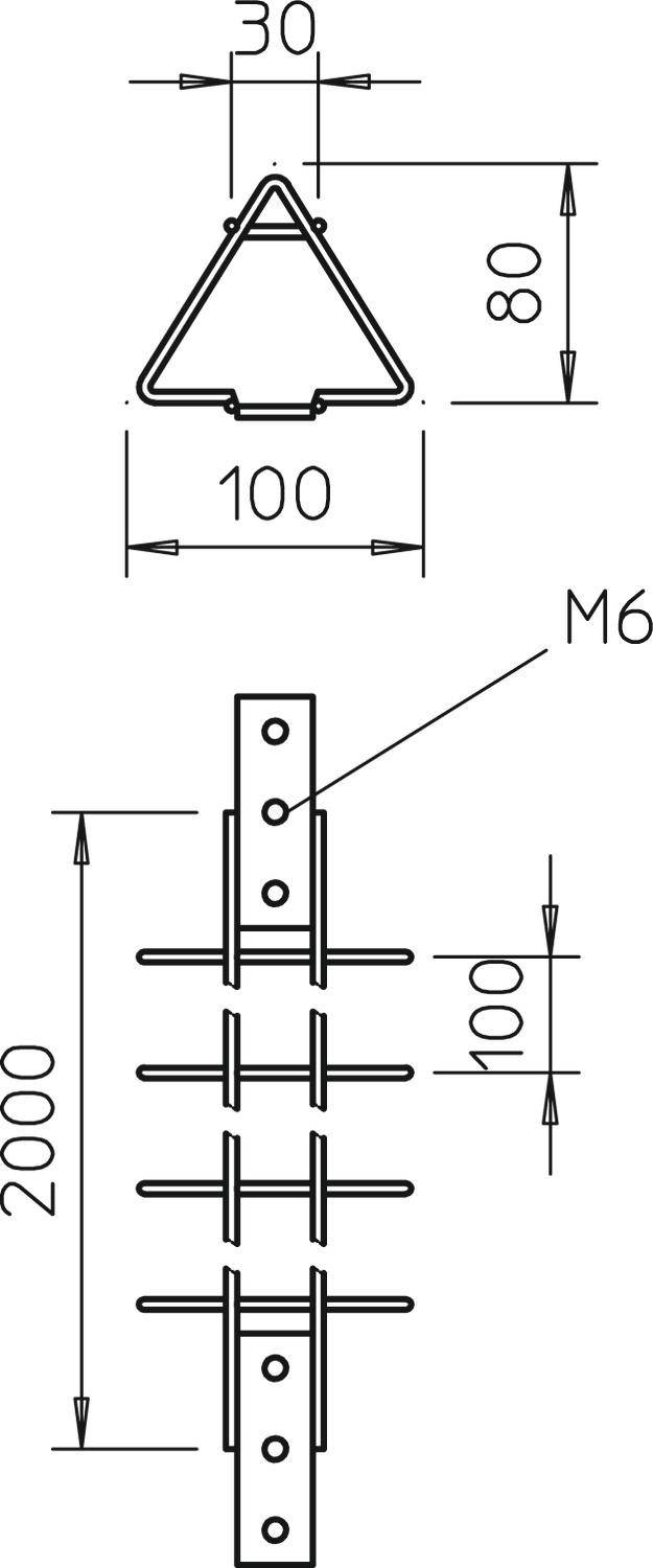 Technische Zeichnung eines metallischen Rahmens mit dreieckigem Querschnitt und Maßen in Millimetern. Oberer Querschnitt zeigt 30 mm Breite, 100 mm Höhe. Seitenansicht 2000 mm lang, sechs Befestigungsstellen M6.