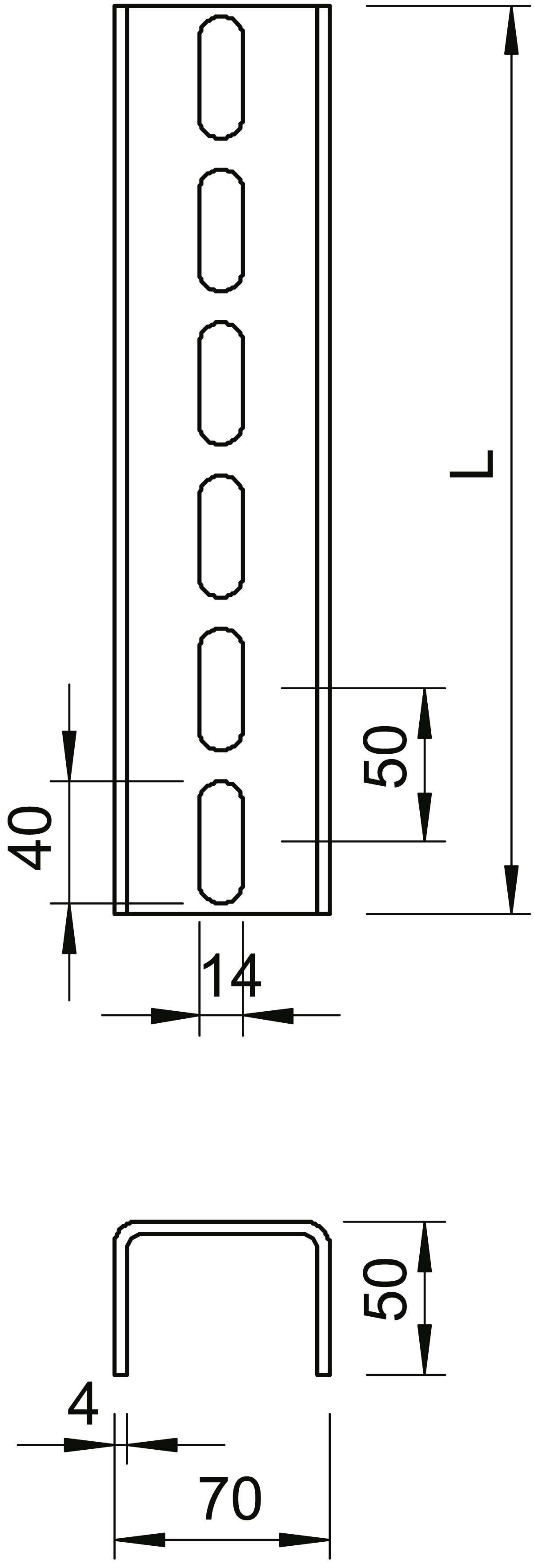 Technische Zeichnung eines U-Profils mit Maßen: Länge L, Breite 40 mm, Höhe 50 mm, Materialstärke 4 mm, Lochabstand 50 mm.