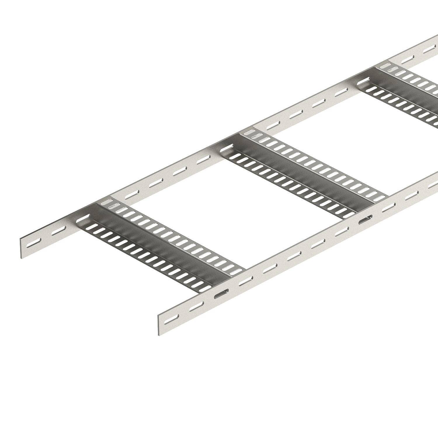 Das Bild zeigt eine graue Leiterstegkonstruktion aus Metall, die horizontal ausgerichtet ist. Sie hat abwechselnd perforierte und durchgängige Sprossen.
