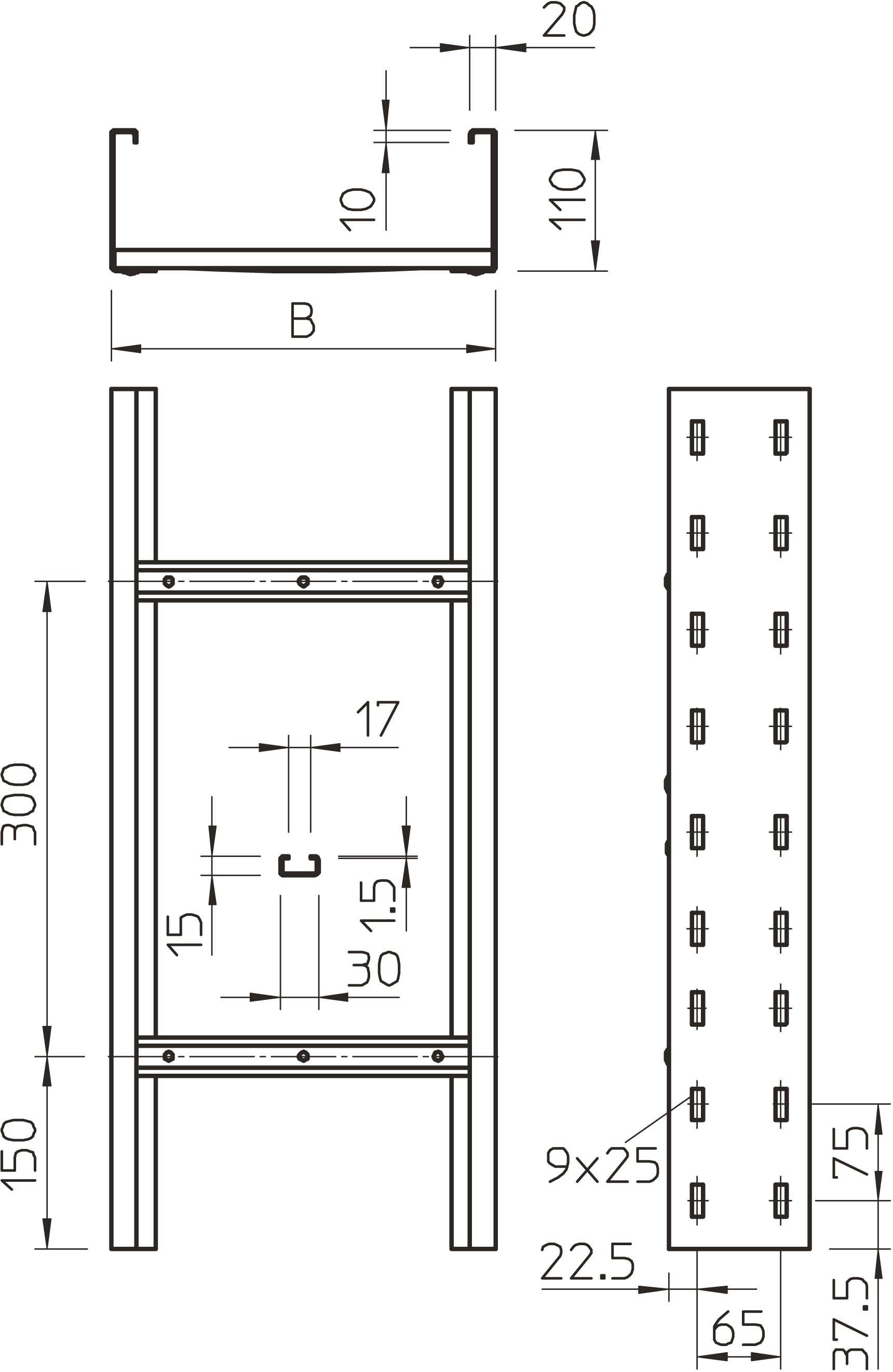 Technische Zeichnung eines Metallprofils mit Bemaßungen. Zeigt Breite, Länge und Lochmuster. Maße: 20, 110, 300 mm, 9x25 Löcher.