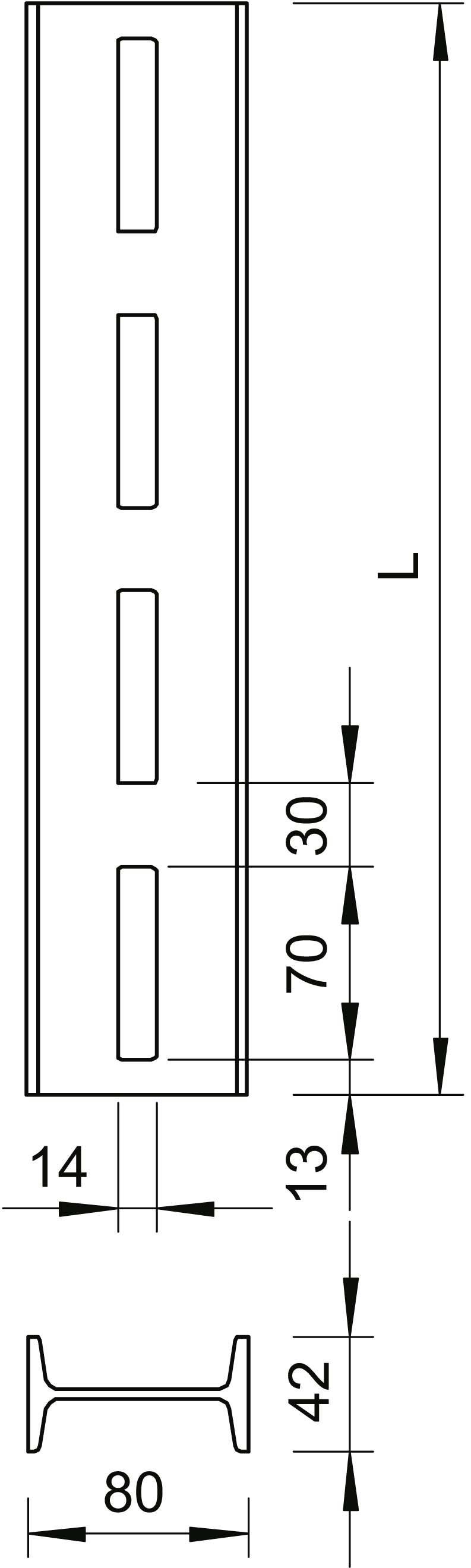 Technische Zeichnung eines U-Profils mit Schlitzen. Maße: 80 mm Breite, 42 mm Höhe, 13 mm Schlitzbreite, 70 mm Schlitzabstand.