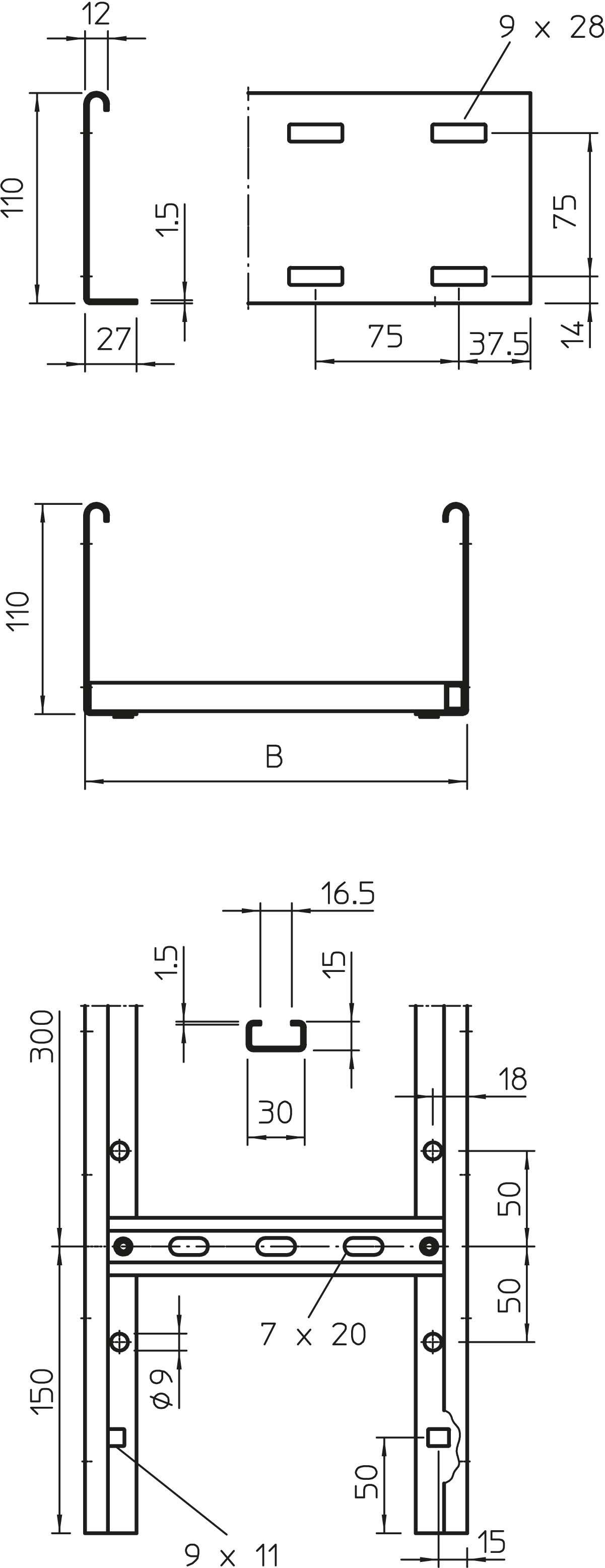 Zeichnung eines mechanischen Bauteils mit Bemaßungen in Millimetern, zeigt Front- und Seitenansichten mit spezifischen Abmessungen und Bohrlochpositionen.