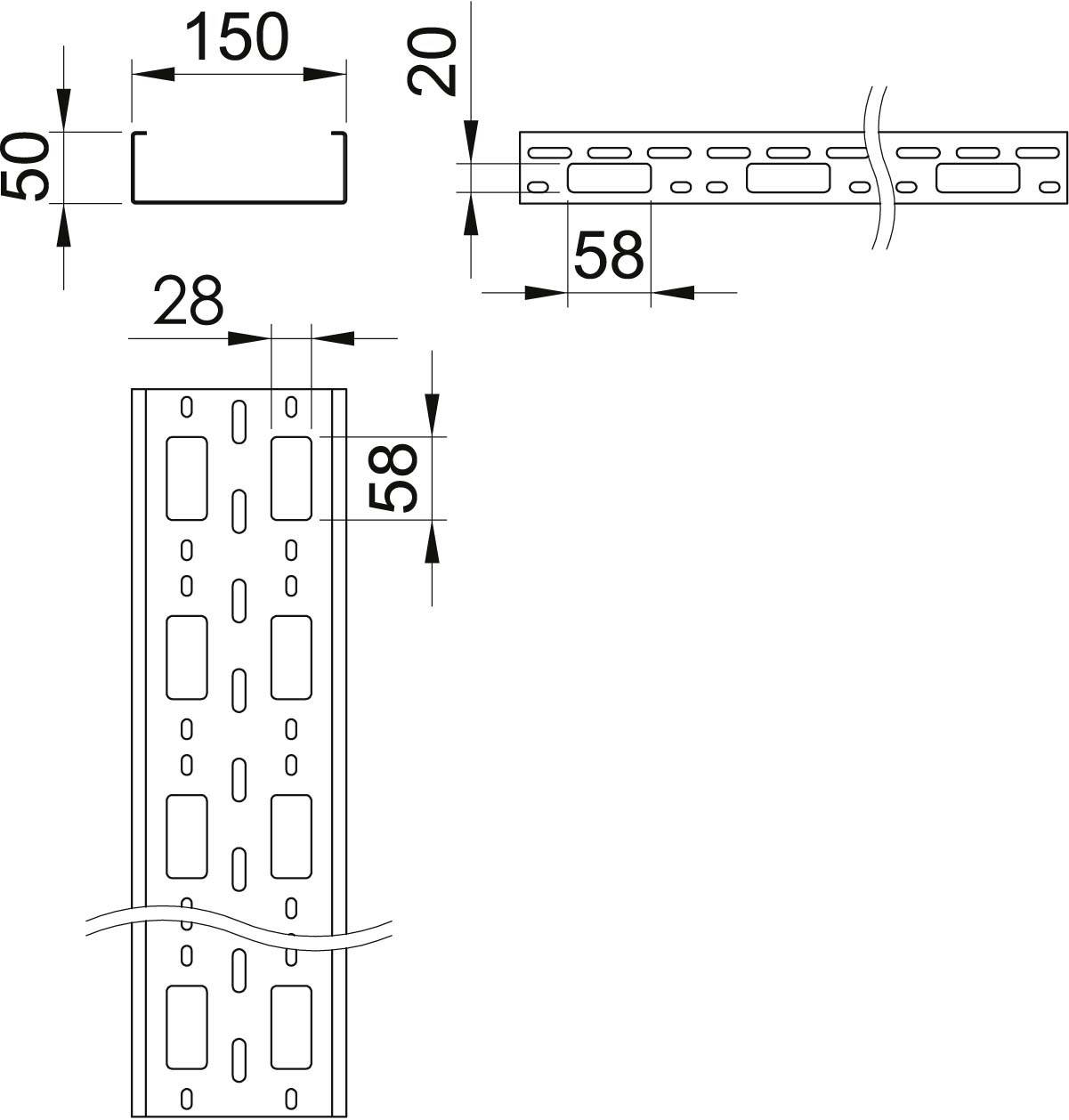 Technische Zeichnung eines Metallprofils mit Maßen: 150x50 mm oben, 58 mm Breite, 28 mm Innentiefe seitlich, mit Löchern entlang des Profils.
