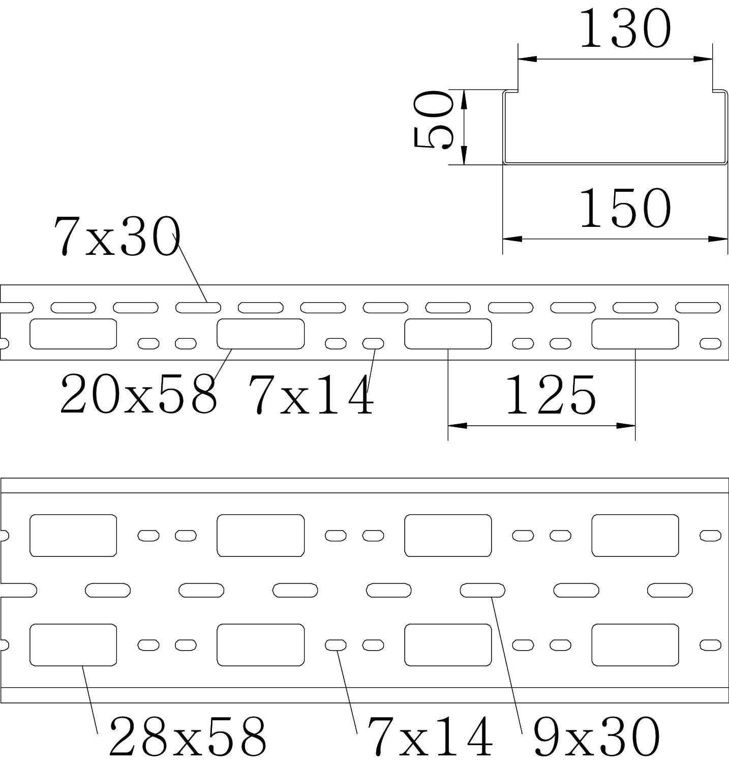 Ein technisches Diagramm zeigt drei Ansichten eines Bauteils mit Abmessungen: 130x50 mm, 150 mm, 125 mm. Beschriftungen: 7x30, 20x58, 7x14, 28x58, 9x30.