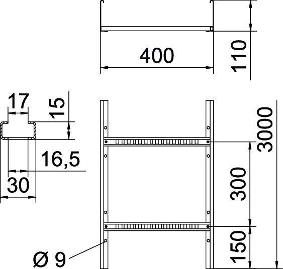 Technische Zeichnung eines Regals mit Maßen: Höhe 3000 mm, Breite 400 mm, Tiefe 300 mm, Strebenabstand 110 mm, Materialstärke 15 mm.