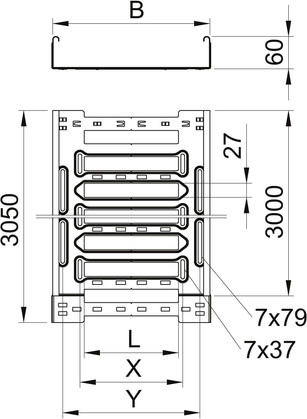 Technische Zeichnung einer Regaltürmeinheit mit Bemaßungen: Höhe 3050 mm, Breite B, Tiefe 60 mm. Fächerabstände deutlich markiert.
