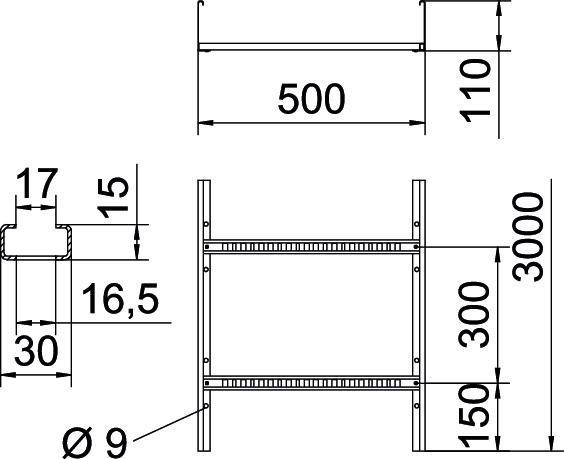 Technische Zeichnung eines Metallrahmens mit Maßen: Breite 500 mm, Höhe 3000 mm. Querschnittdetails: 17 mm Tiefe, 9 mm Durchmesser für Ösen.