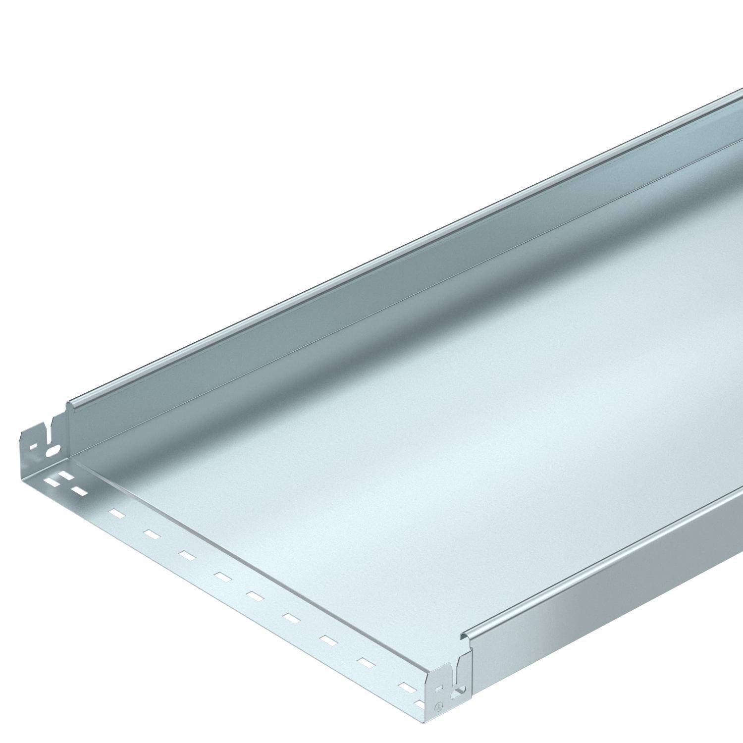 Silbernes Kabelkanalsystem aus Metall in rechteckiger Form, offen oben, mit gelochten Seiten für Befestigungen, genutzt in Elektroinstallationen.