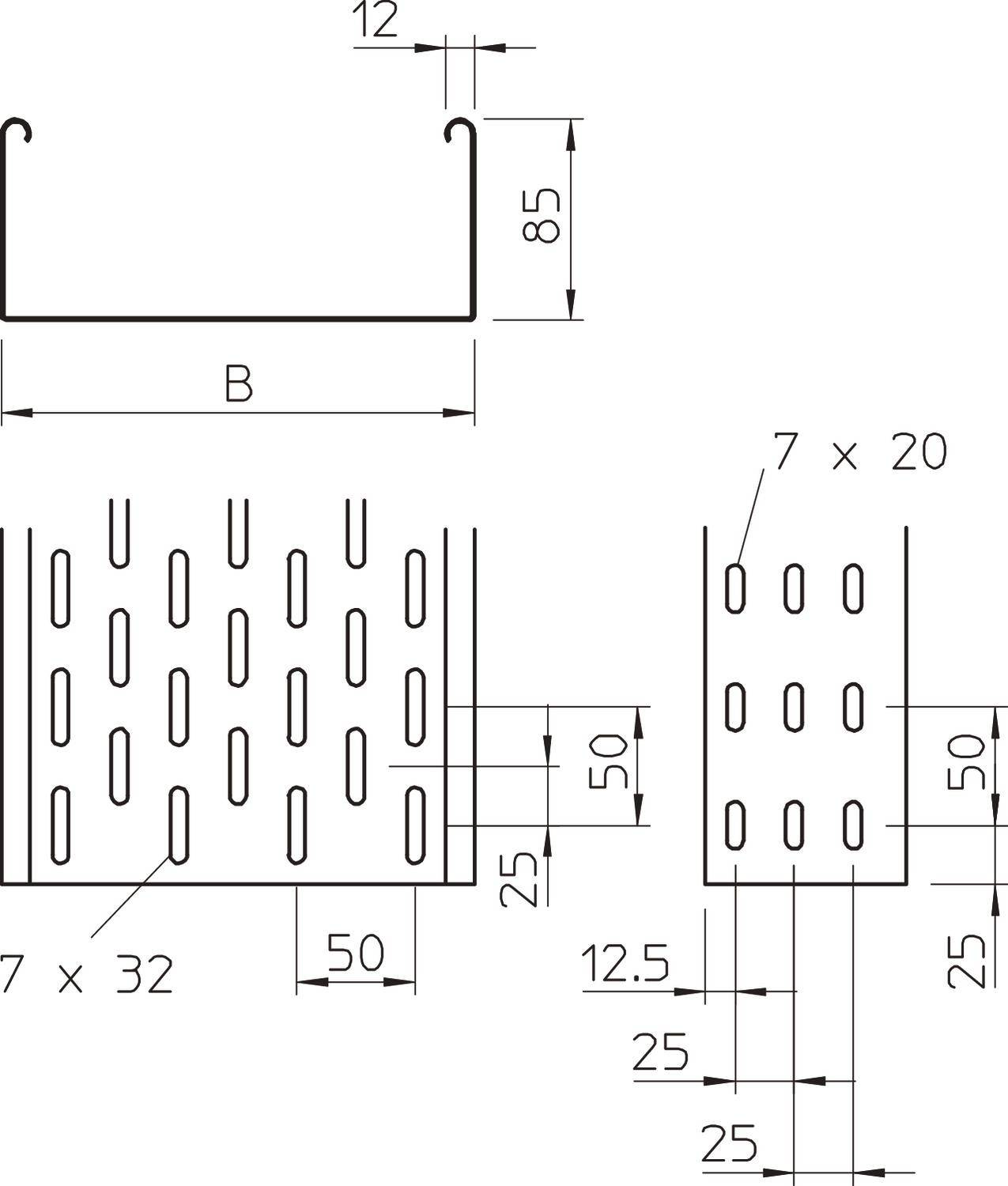 Technische Zeichnung eines perforierten Metallprofils mit Maßen. Breite 'B', Höhe 85 mm, Bohrungen 7x32 mm, Abstand 25 mm.