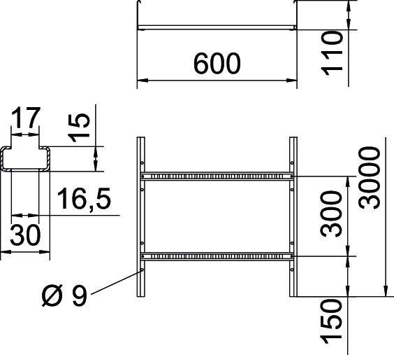 Technische Zeichnung eines Regals mit Höhen- und Tiefenmaßen: Breite 600 mm, Tiefe 300 mm, Höhe 3000 mm. Querschnitt mit Detailmaßen gezeigt.
