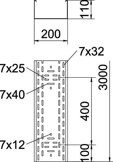 Technische Zeichnung eines Metallprofils mit Maßen: Breite 200 mm, Höhe 3000 mm. Lochgrößen und Abstände: 7x12, 7x25, 7x32, 7x40.