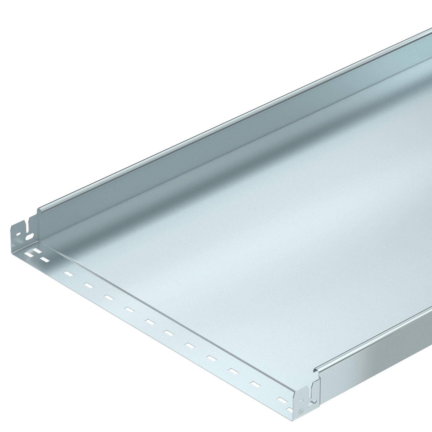 Ein silbernes Metallblech mit perforierten Seiten, oft verwendet für Kabelmanagement in Bau- und Industrieanwendungen.