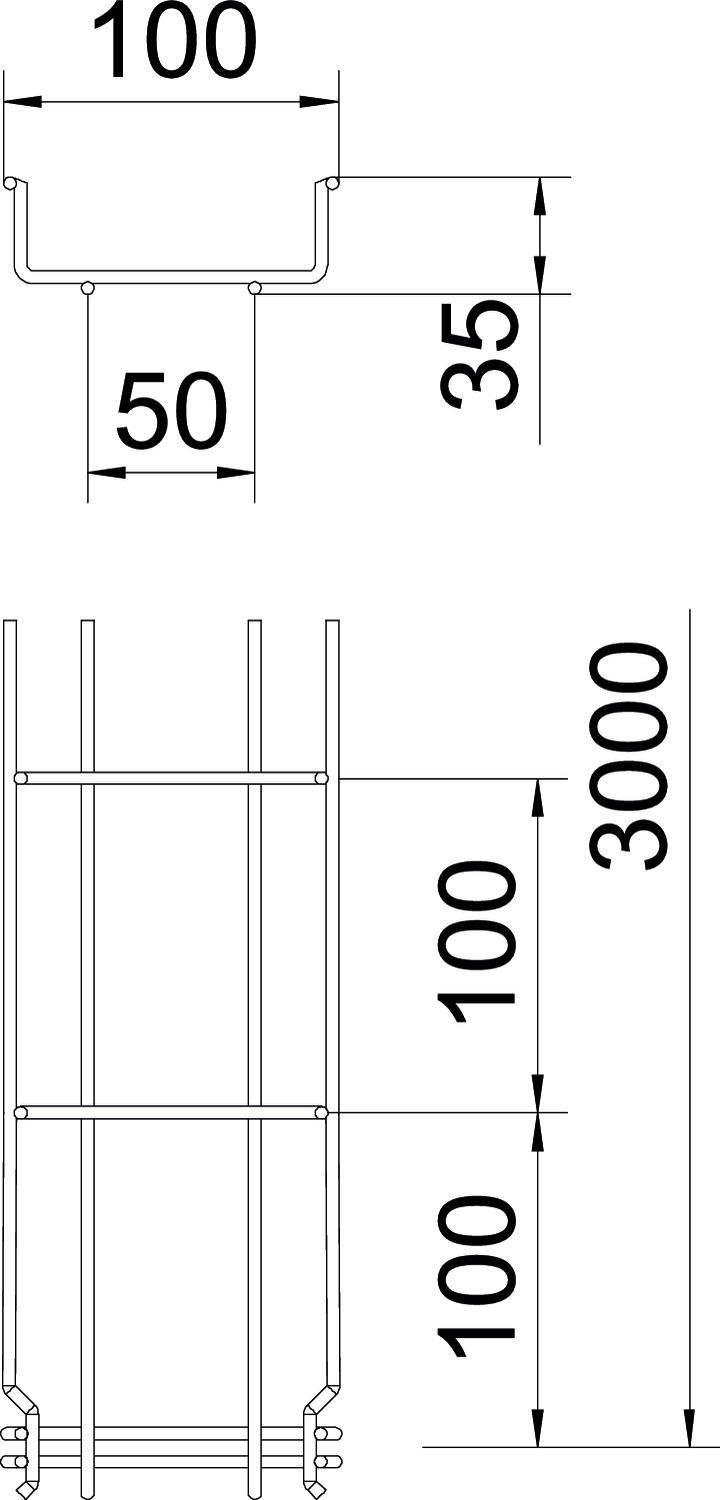 Technische Zeichnung eines Metallprofils mit Maßen. Oben: U-förmiges Profil, Breite 100 mm, Höhe 35 mm. Unten: Seitenansicht einer Struktur, 3000 mm hoch.