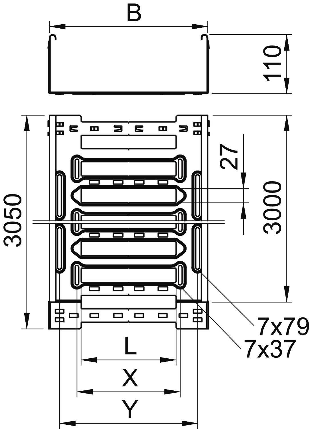 Bauplan eines Stahlregals. Höhe: 3050 mm, Breite: variabel (B). Details: 5 horizontale Träger, Maße: 'L', 'X', 'Y', Belastungen: 7x79, 7x37.