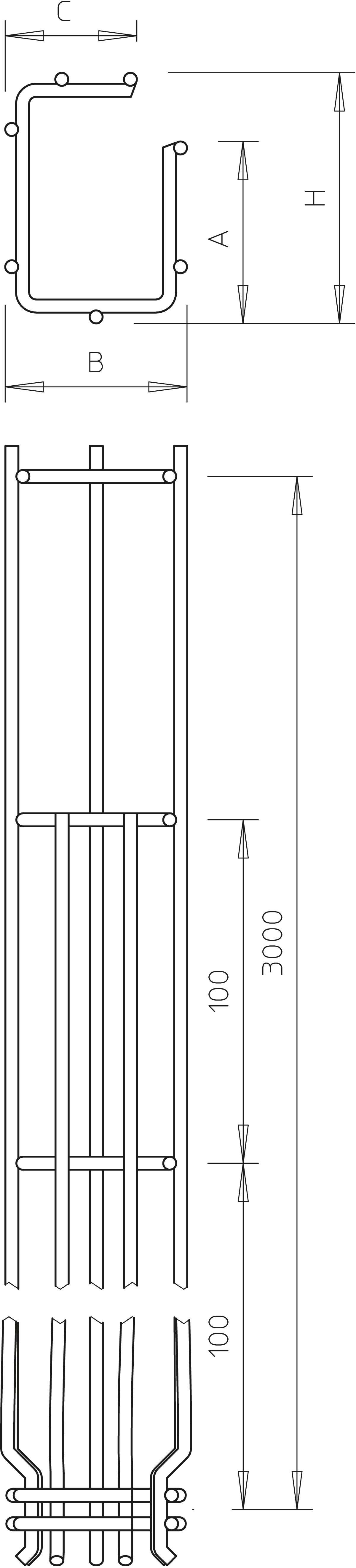 Technische Zeichnung eines Metallprofils mit Querschnitt oben und Seitenansicht unten, Maße in Millimetern angegeben.
