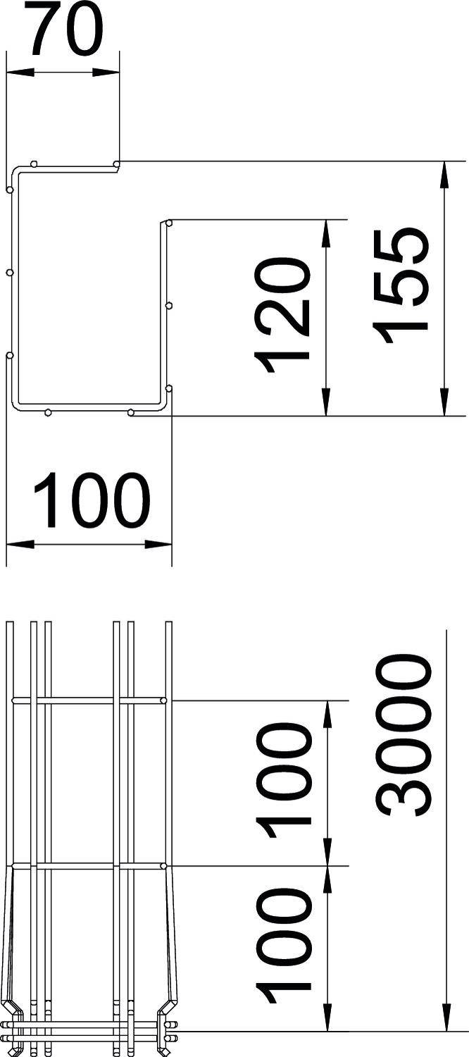 Technische Zeichnung eines L-förmigen Metallprofils. Maße: 70x100mm außen, 120x155mm innen. Höhe: 3000mm. Enthält Maßlinien.