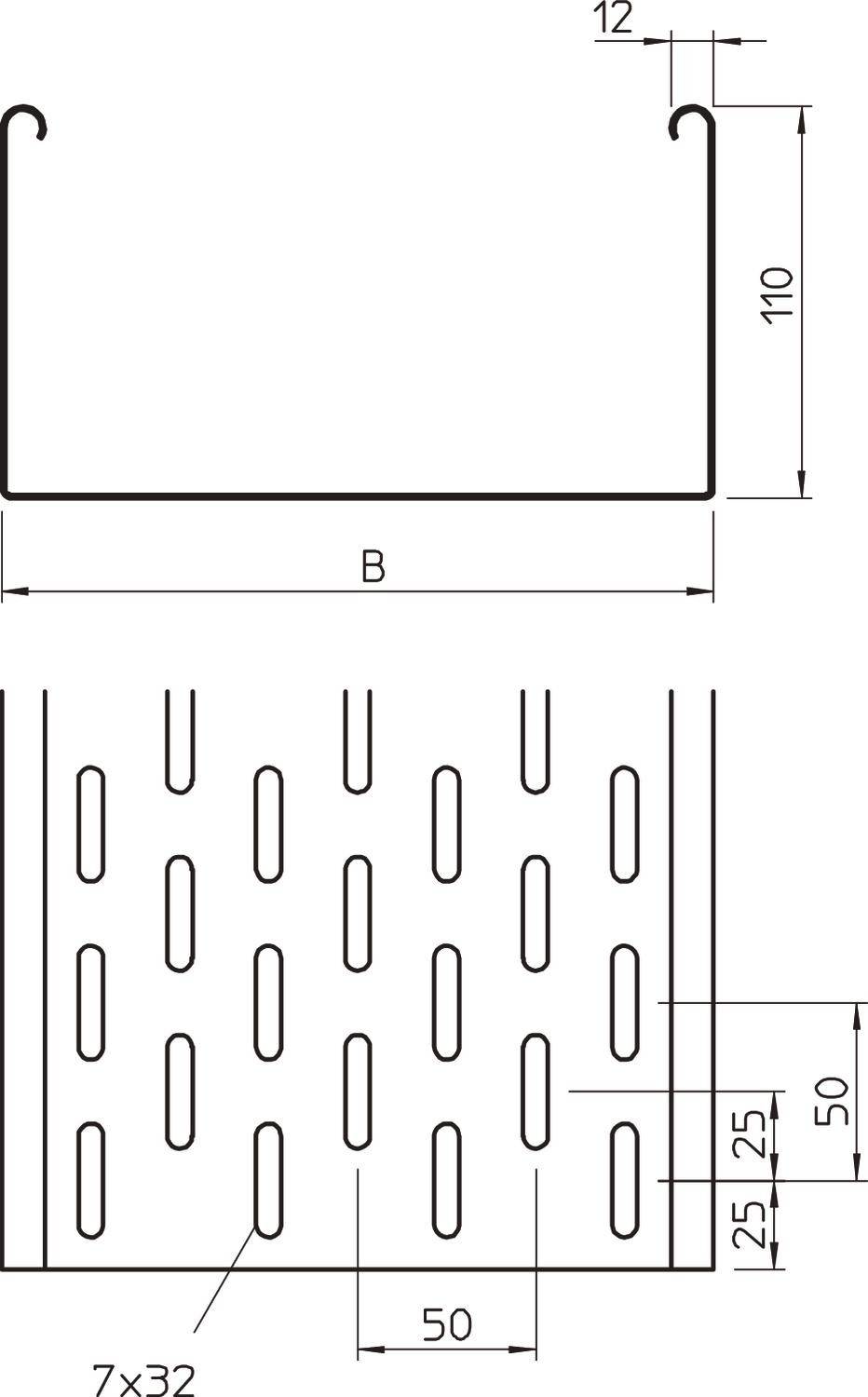 Technische Zeichnung eines rechteckigen Metallprofils mit Lüftungsschlitzen. Maße: Höhe 110 mm, Breite B, Schlitze 7x32 mm.