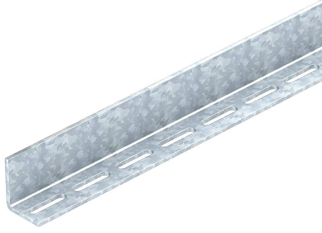 Metall-U-Profil mit Schlitzen, geeignet für Bau- oder Montageanwendungen, aus verzinktem Stahl.