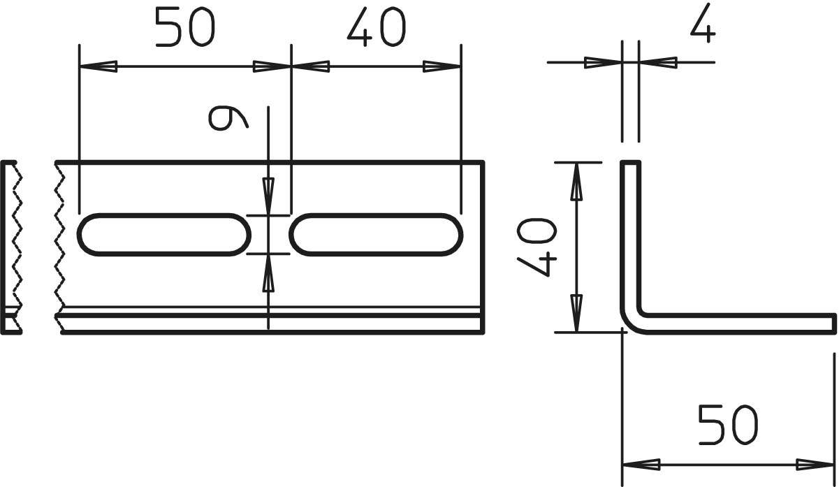Technische Zeichnung eines Metallwinkels mit Maßen. Der Winkel hat eine Öffnung, ist 50 mm breit, 40 mm hoch, mit 4 mm Stärke.