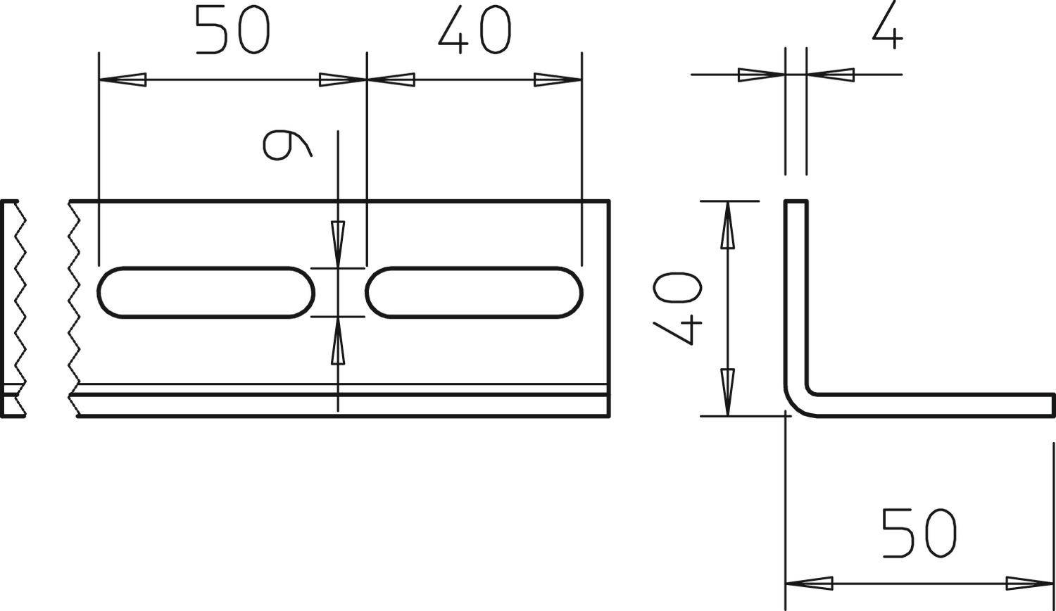 Technische Zeichnung eines Metallprofils mit Maßen: 50 mm Breite, 40 mm Höhe, 4 mm Dicke. Schlitze: 50 mm und 40 mm lang.