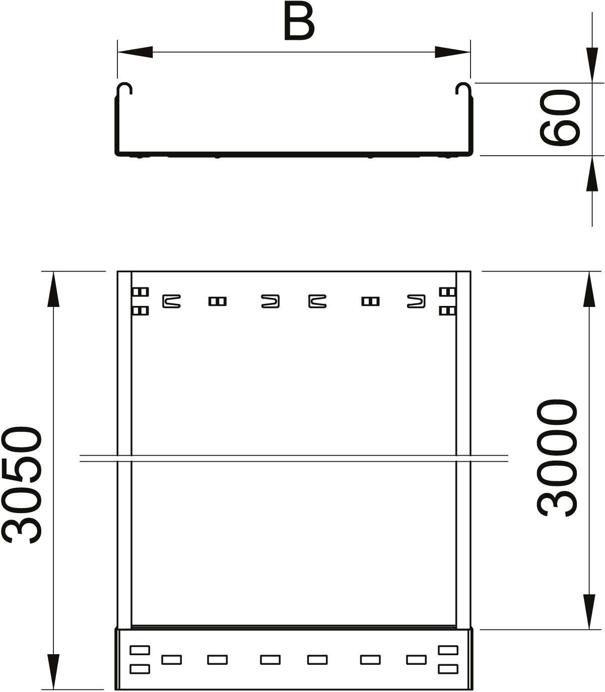 Technische Zeichnung eines rechteckigen Objekts mit den Maßen: Breite (B), Höhe 3050 mm, und Tiefe 60 mm.