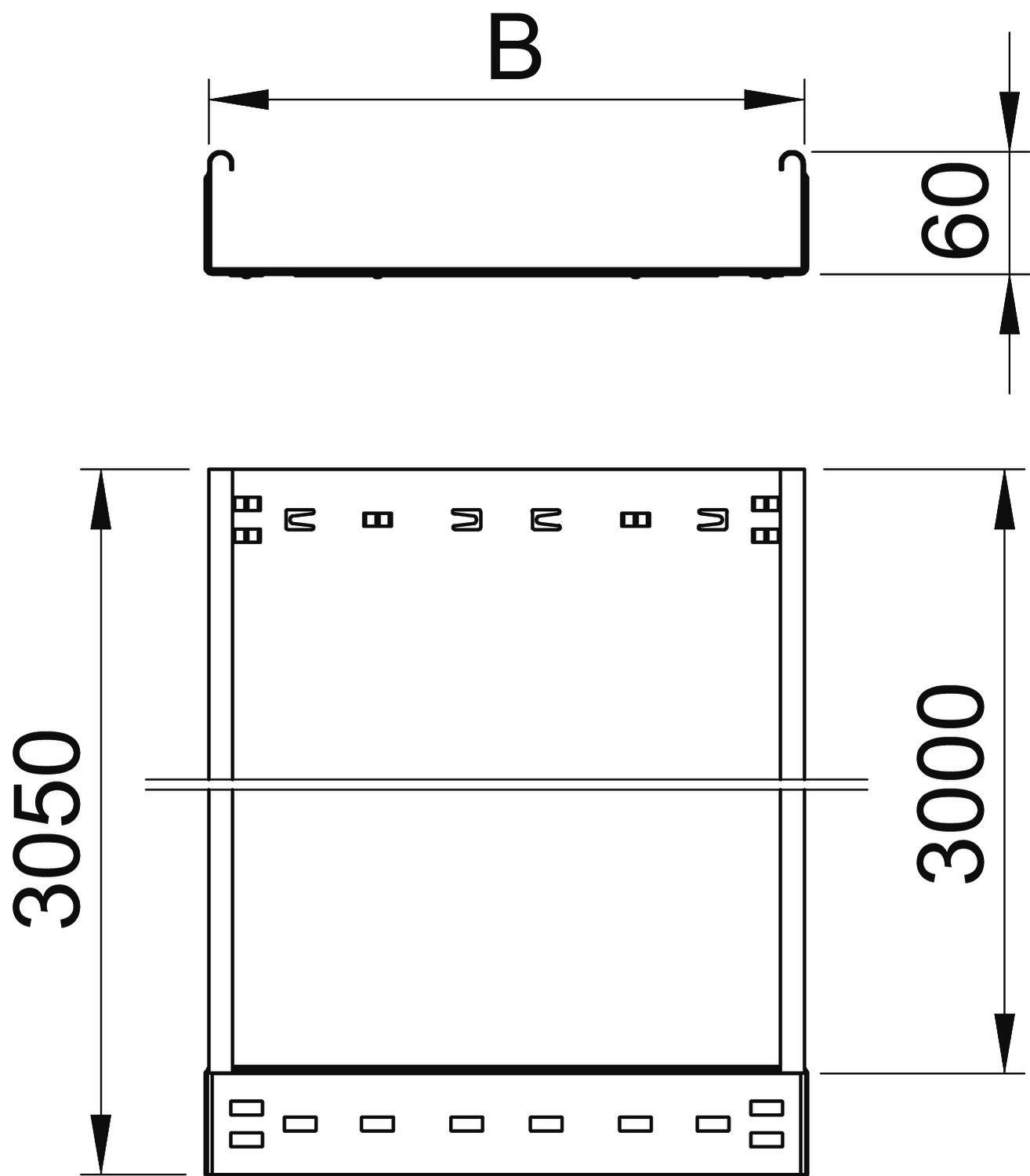 Technische Zeichnung eines Profils mit den Höhenangaben 3050 mm und 3000 mm, Breite B und Höhe 60 mm.