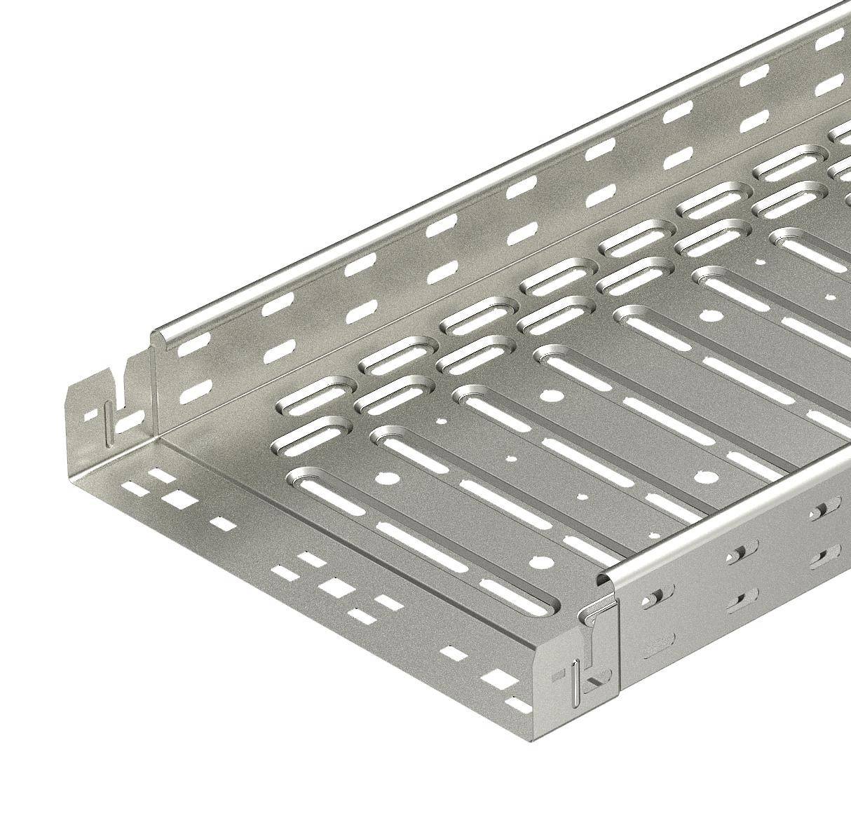 Metallschiene mit Löchern zur Kabelorganisation, silberfarben, seitlicher Montagewinkel, flach liegend auf weißem Hintergrund.