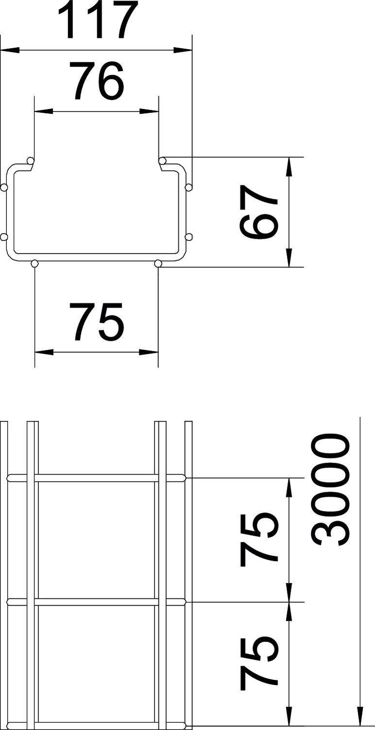 Technische Zeichnung eines Metallprofils mit Maßen: Länge 117, Breite 76, Höhe 67. Seitliche Ansicht mit Längen von 75 bis 3000.