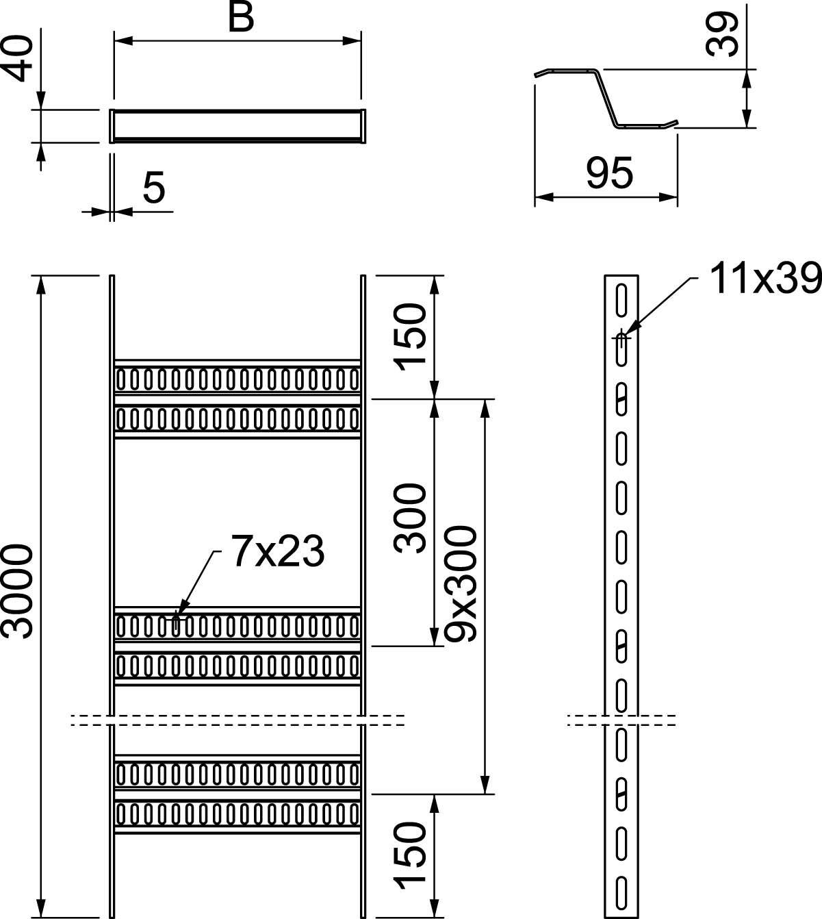 Technische Zeichnung eines Regals mit Abmessungen: Höhe 3000 mm, Breite B, Tiefe 95 mm. Vier Einlegeböden, Lochmuster 7x23 mm.