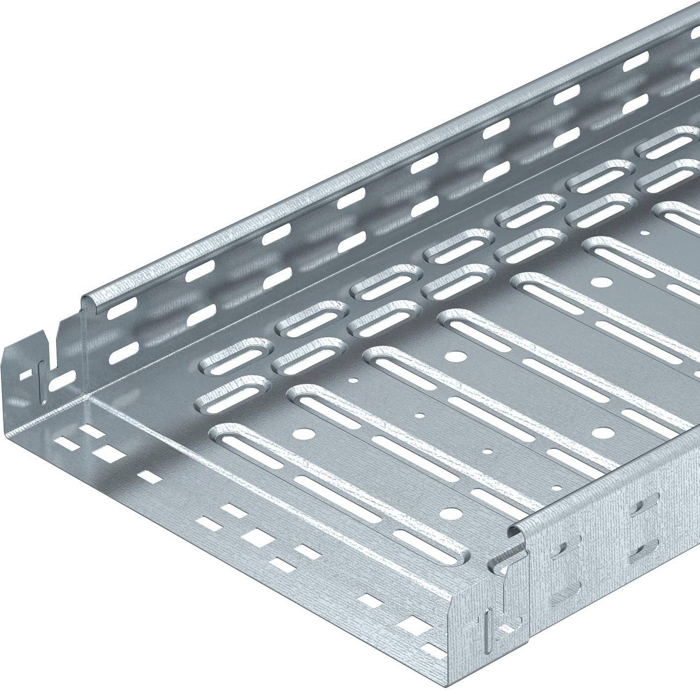 Ein silbernes Kabeltragsystem, aus Metall gefertigt, mit Lüftungsschlitzen und einem erhöhten Rand für sichere Kabelverlegung.