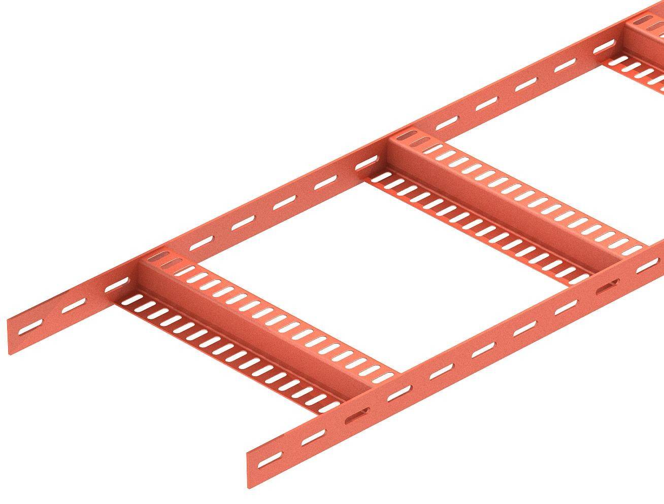 Ein orangefarbenes Kabeltragsystem aus Metall mit rechteckigen Öffnungen zur Kabelverlegung. Geeignet für elektrische Installationen.