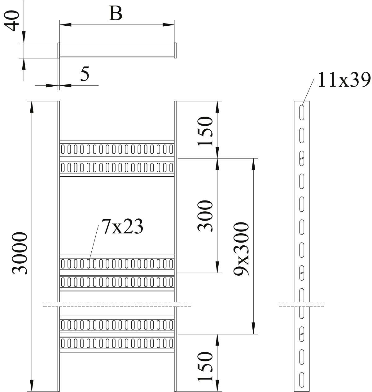 Konstruktionszeichnung eines Regals mit Maßen: Höhe 3000 mm, Breite B mm. Drei Regalböden. Seitenansicht zeigt Bohrungen 11x39 mm.