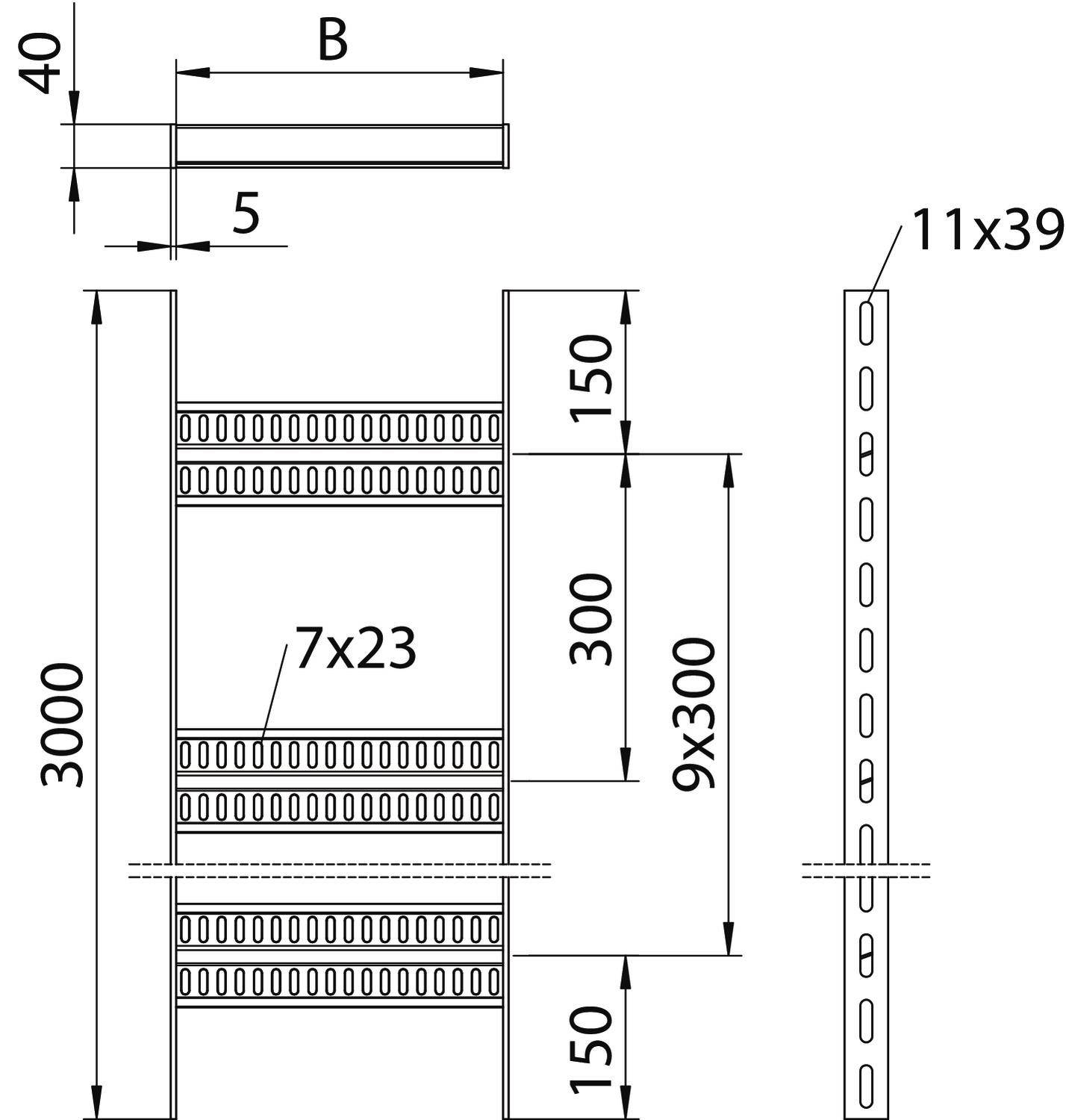 Technische Zeichnung eines Regals mit Maßen: Höhe 3000 mm, Breite 150 mm, Tiefe 40 mm. Zeigt Regalstütze mit Lochreihen 7x23 und 11x39.