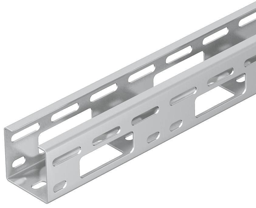 Metallschiene mit rechteckigen und abgerundeten Löchern für Montagezwecke, aus silbernem Material, zeigt industrielles Design.